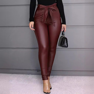 Amazon wish solid color PU leather pants casual sexy skinny pants women's trousers foreign trade (with belt)