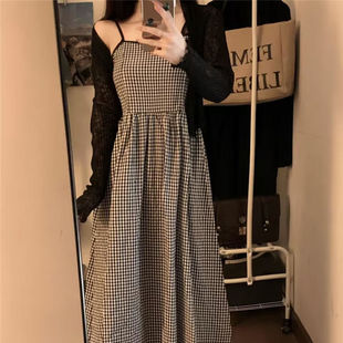 dress Children's Spring and Autumn 2024 New French Style Small High Waist Slimming A- line Color-matching Plaid Long Girl with Sling