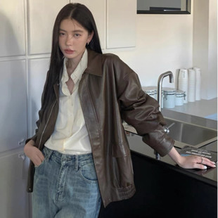 American retro brown motorcycle leather coat women's 2024 autumn new Korean leather jacket coat cross-border wholesale