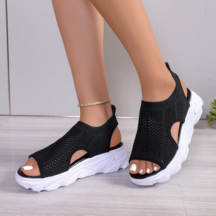 Flying Weaving Stitching Sports Sandals Women's 2024 Summer Korean Style Mesh Hollow Casual Thick-soled Fish-mouth Foreign Trade plus size Women's Shoes