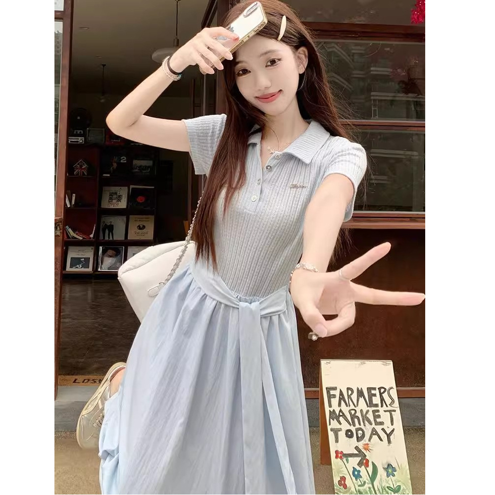 Plus Size Elegant Polo Collar Short-Sleeved Dress for Women Summer Fat mm High-End Lapel Slimming Look Splicing T-Shirt Long Skirt