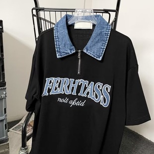 Summer 2023 New Letter Embroidered POLO Collar Short-sleeved T-shirt Men's College-style Casual All-match Loose Top Trendy