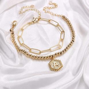 New Stainless Steel 18K Gold Stainless Steel Chain Hexagonal Letter Pendant Double Layer Overlapping Round Bead Bracelet
