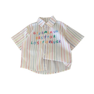 Children's Short-sleeved Shirt 2025 Summer Korean Style New Boys and Girls Western Style Rainbow Striped Baby Letter Shirt Trendy