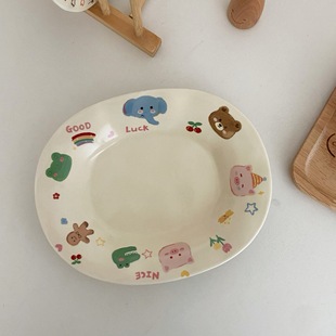 Ceramic Graffiti Series Oval Plate Cute Cartoon Animal Kitchen Fruit and Vegetable Plate Breakfast Light Food Dessert Plate