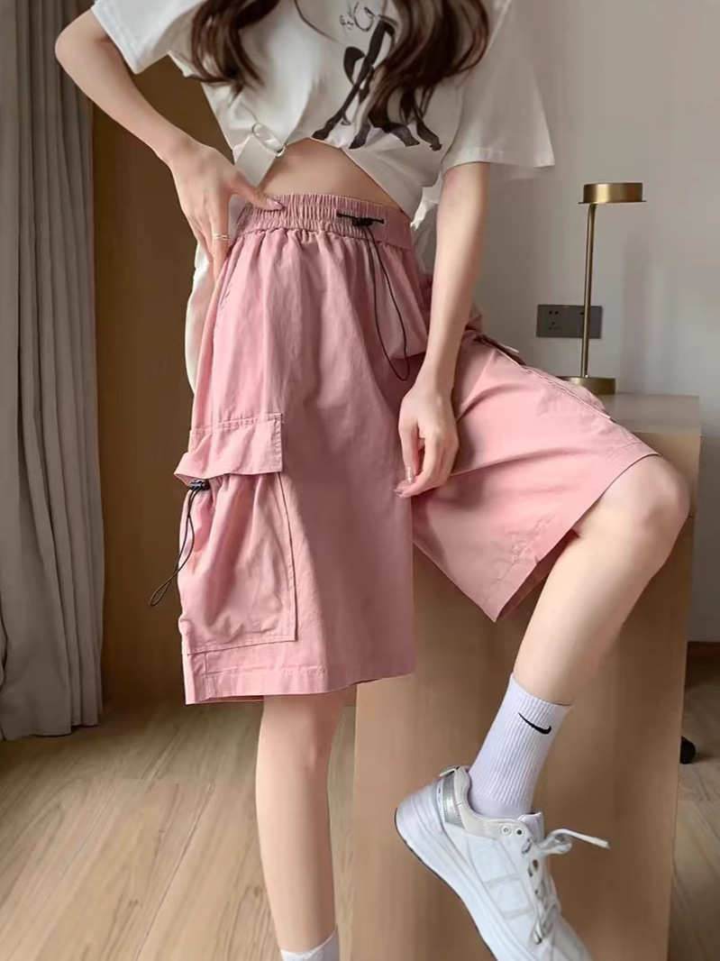 버건디 크레인 반바지 여성 여름 얇은 높은 허리 캐주얼 와이드 다리 디자인 빠른 건조 스포츠 미국 스타일 바지