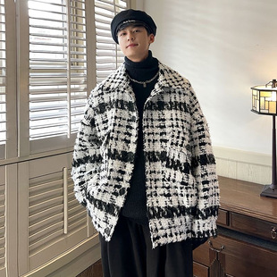 Chanel style plaid coat for boys lazy ruffle handsome loose high-grade jacket men's autumn and winter ins fashion brand top