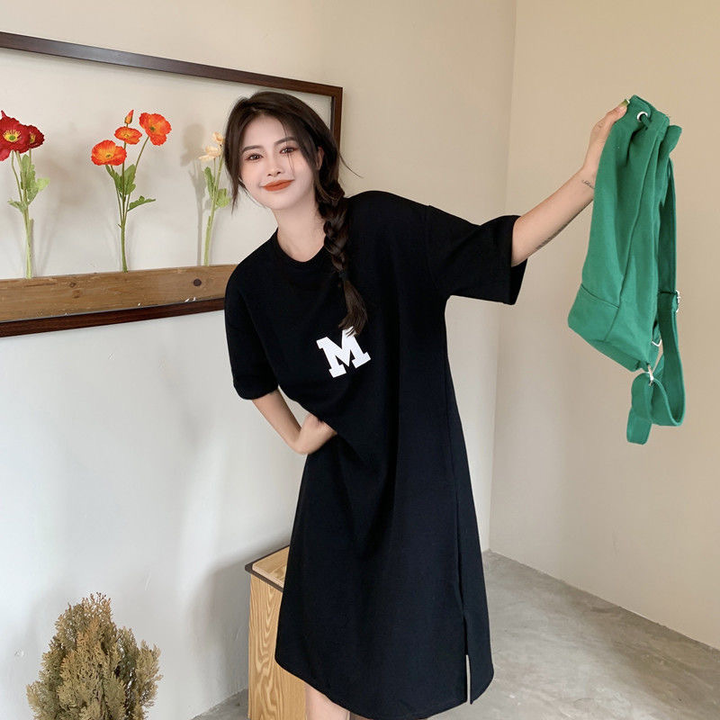 모조 면화 우유 실크 # 새로운 개인화 된 편지 인쇄 세련된 한국 스타일 게으른 스타일 캐주얼 스트레이트 원피스