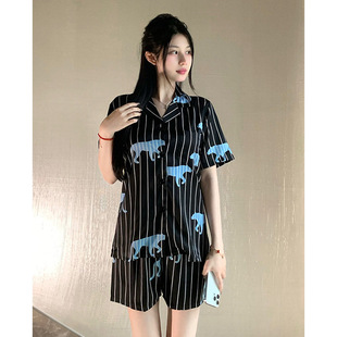 Striped Leopard Three-piece Set Women's Pajamas Light Luxury High-end Spring and Summer Ice Silk Short-sleeved Cool Home Clothes suit