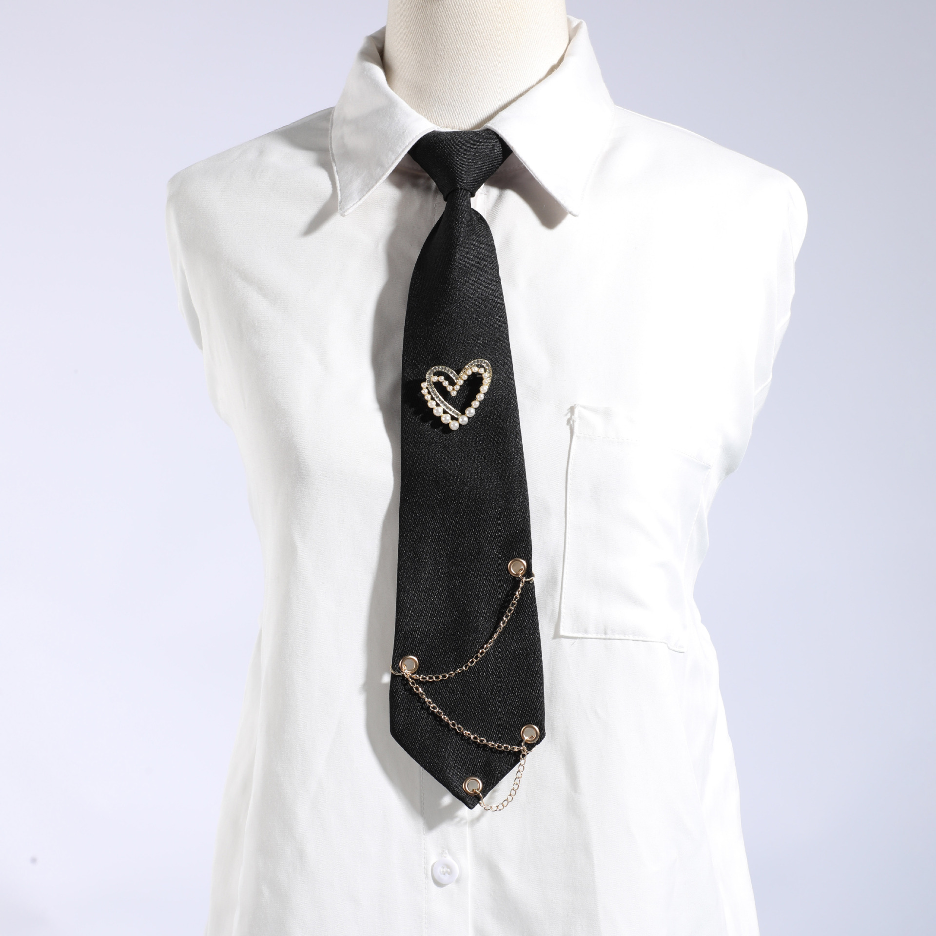 Chain Imitation Pearl Heart Accessory Tie for Women Ins Lazy Style No-Tie Metal Chain Simple Fashion Cross-Border Tie