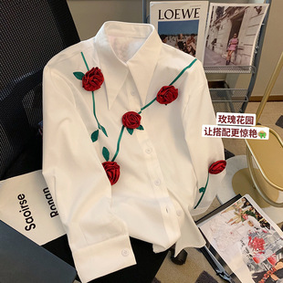 White three-dimensional rose flower shirt women's long sleeve 2025 spring new design sense niche fashion temperament shirt