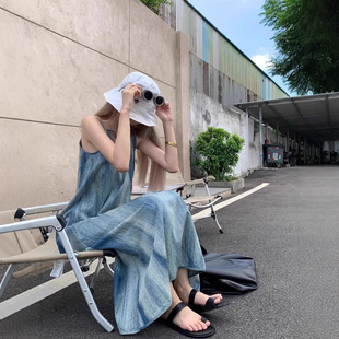 French Tie-Dye Design Sling dress Summer Loose New Style Lazy Casual Seaside Vacation Beach Skirt