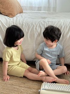 2024 Summer New Children's Solid Color Breathing Pajamas Boys and Girls Baby Cotton Class A Home Clothes suit
