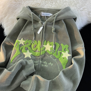 2023 Spring and Autumn New Hong Kong style corduroy sweater casual all-matching coat men's hooded loose cardigan jacket