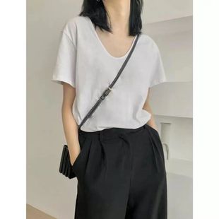 New Summer All-match Slimming V-neck Short-sleeve T-shirt Women's Top Large Size Loose Solid Color Base Shirt Top
