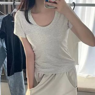 2025 New Shoulder Short-sleeved T-shirt Women's Summer Slim-fit Slimming High-grade Round Neck Basic All-match Top Trendy