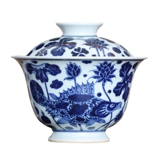 Hand-painted blue and white fish and algae pattern two Cai cover Bowl underglaze color kung fu tea set retro Chinese handmade tea bowl Jingdezhen