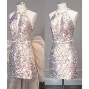 Evening Dress Women's Pink Sequins Sexy Shining Bride Wedding Toast Dress Banquet Performance Host Fishtail Sling