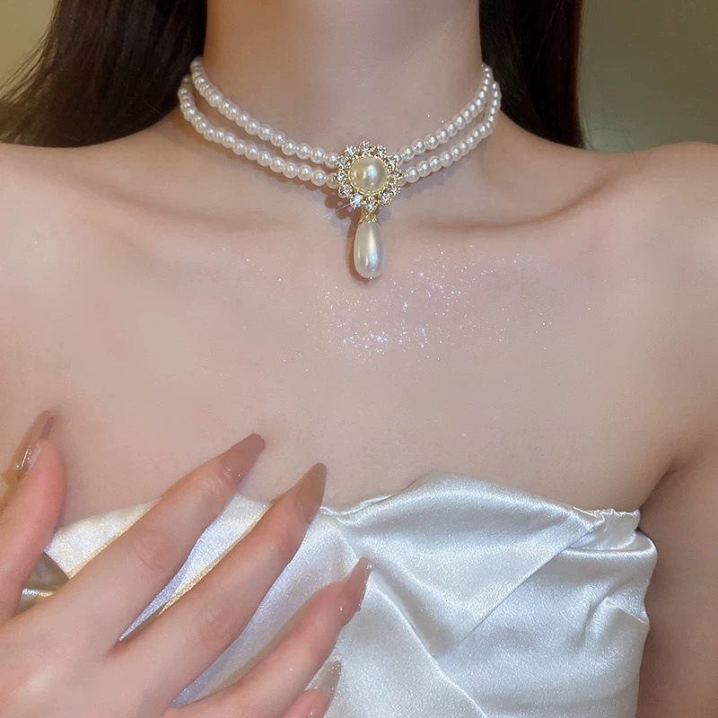 Water Drop Pearl Necklace Women's Accessible Luxury Niche Retro Palace Style Bridal Wedding Dress Summer Exaggerated Choker Necklace