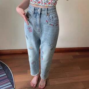 American Vintage Washed Embroidered Straight Cropped Jeans Women's Autumn New High Waist Slimming Straight Pants