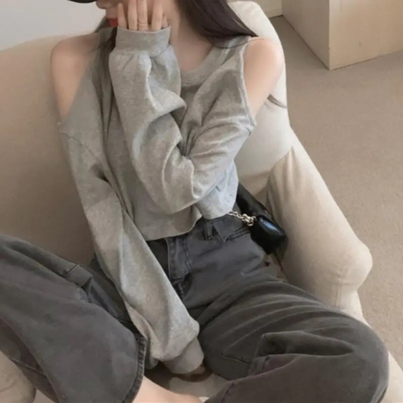 그레이 오프숄더 라운드넥 숏 스웨트셔츠 여성용 2025 봄 신상 루즈핏 디자인 유니크 풀오버 티셔츠 탑