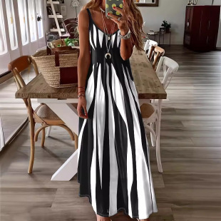 2024 Summer New European and American-style Amazon Explosions Casual Sling Printed V-neck Sleeveless Dress