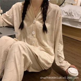 South Korea pajamas women's autumn and winter long-sleeved trousers cardigan ins sweet wavy edge can be worn outside home wear spring suit