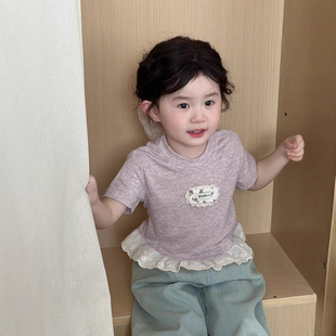 Wheat Field Season 2025 Summer New Korean Girls' Lace Lace T-shirt Children's Princess Fashionable Short-sleeved Top T-shirt