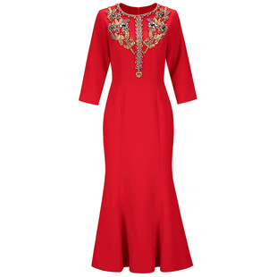 Zhili women's spring new dress red high-end sense heavy industry nail drill engagement dress fishtail skirt long
