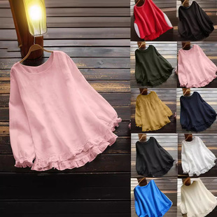 Cross-border Amazon 2023 New Long-sleeved Ruffled Lower Cuffs Loose Women's Cotton and Linen Solid Color Round Neck Shirt