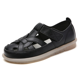 Genuine Leather Sandals Women's 2023 Spring New All-match Non-slip Pregnant Women's Soft Sole Large Size Cover Toe Roman Sandals