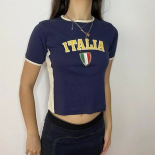 Summer Short American Style Spice Girl Inner Shaped Navel Short-sleeved T-shirt Y2K Crewneck Pullover Clothes Base Women's Embroidered Clothes