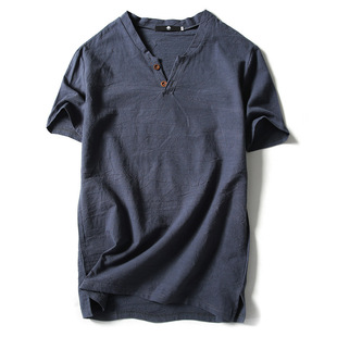 Japanese Linen Short-sleeved T-shirt Men's Summer Chinese Style Vintage Cotton Linen Half-sleeved Men's Thin Linen Short-sleeved T-shirt