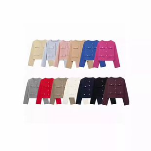24 HH Wholesale Foreign Trade Wholesale Autumn New European and American Style Flip Trimmed Round Neck Short Jacket Coat