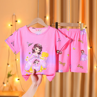 Girls' Pajamas Summer Short-sleeved Casual Two-piece Set Boys' Cartoon Cute Middle and Big Children's Home Clothes Summer Fashion