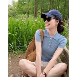 Blue Shoulder Short Slim-fit Lasel Ice Silk Top Women's Summer Thin Elegant Knitted Polo Collar Short-sleeved T-shirt