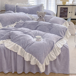 Autumn and winter princess wind carved milk velvet bed four-piece coral velvet bedding double-sided velvet quilt cover fleece-lined sheets
