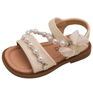 Girls' Pearl Sandals Soft-soled Princess Shoes 2025 Summer New Children's Shoes Non-slip Beach Shoes Roman Shoes Trendy