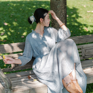High-end art 100 natural ultra-fine pure ramie gentle printing dress long 2025 spring and summer new