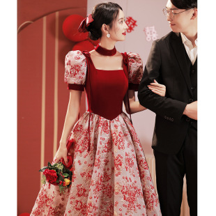 Bridal wine red toast 2023 winter new wedding puff sleeve puff evening dress factory supply