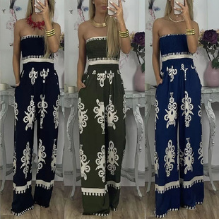Cross-border independent station Amazon 2023 European and American street hipster wrapped chest printed jumpsuit high waist casual pants for women