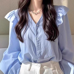 Blue Ruffled Long Sleeve Shirt Women's 2025 Spring New This Year's Popular Pretty Shirt French Top