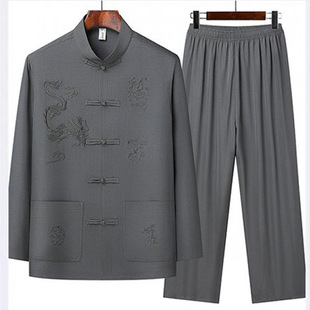 Middle-aged Spring and Autumn Men's Long-sleeved Summer Embroidery Dragon Thin Middle-aged Chinese Style Tang Dress Casual suit