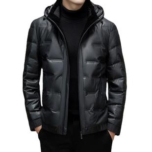 Hooded Down Jacket Men's Winter New Men's PU Leather Down Jacket Coat Warm Thickened Leather Jacket Leather Jacket