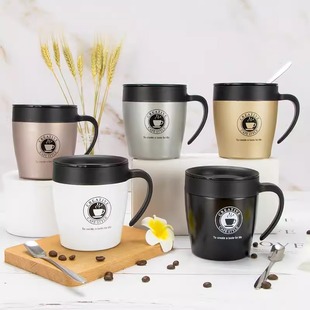 Foreign trade cross-border 304 stainless steel mug coffee cup double layer with lid office household gift Cup with spoon