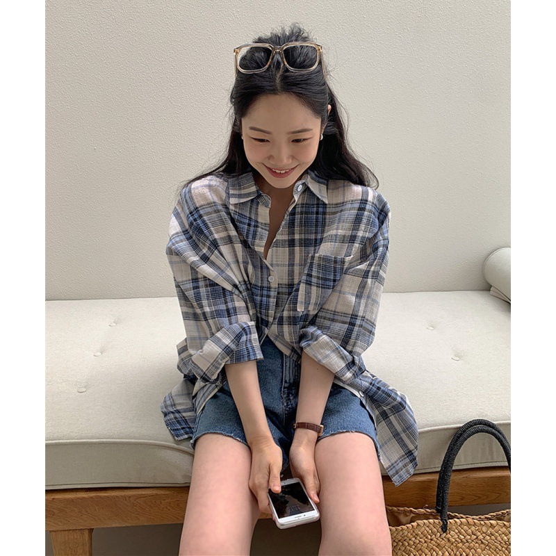 한국 동대문 시크한 한국 스타일의 레이지한 남친룩 레트로 체크무늬 루즈핏 중간 길이 자외선 차단 셔츠 통근 스타일