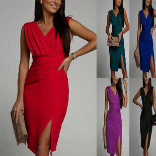 Summer 2023 cross-border foreign trade European and American long dress new V-neck sleeveless split high waist dinner dress women's clothing