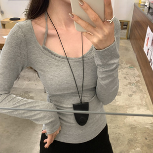 Shopping Mall Real Picture with Chest Pad Hanging Neck Fake Two-piece Slim-fit Inner Base Shirt Women's 2024 High-end Long-sleeved T-shirt