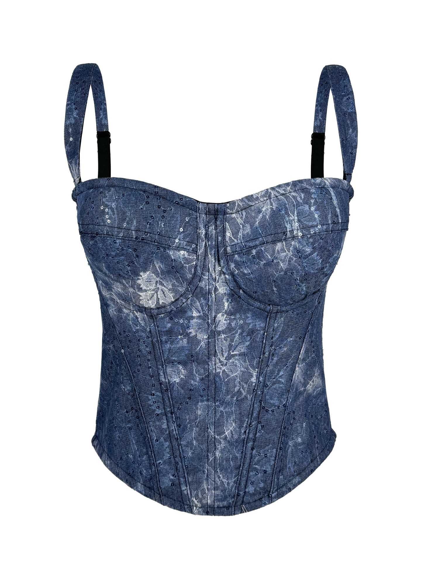 Cross-border denim blue lace sequined fishtail corset zipper suspenders shaping slimming fishtail court style fishtail top