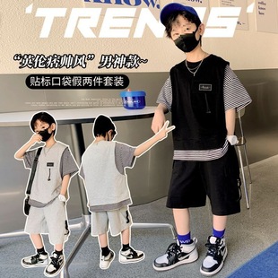 Boys' Summer Fake Two-Piece T-Shirt Shorts Two-Piece Set 2025 New Korean Style Top Sports suit Trendy
